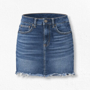American Eagle Medium Wash High Rise Raw Hem Stretch Denim Mini Skirt Size 6